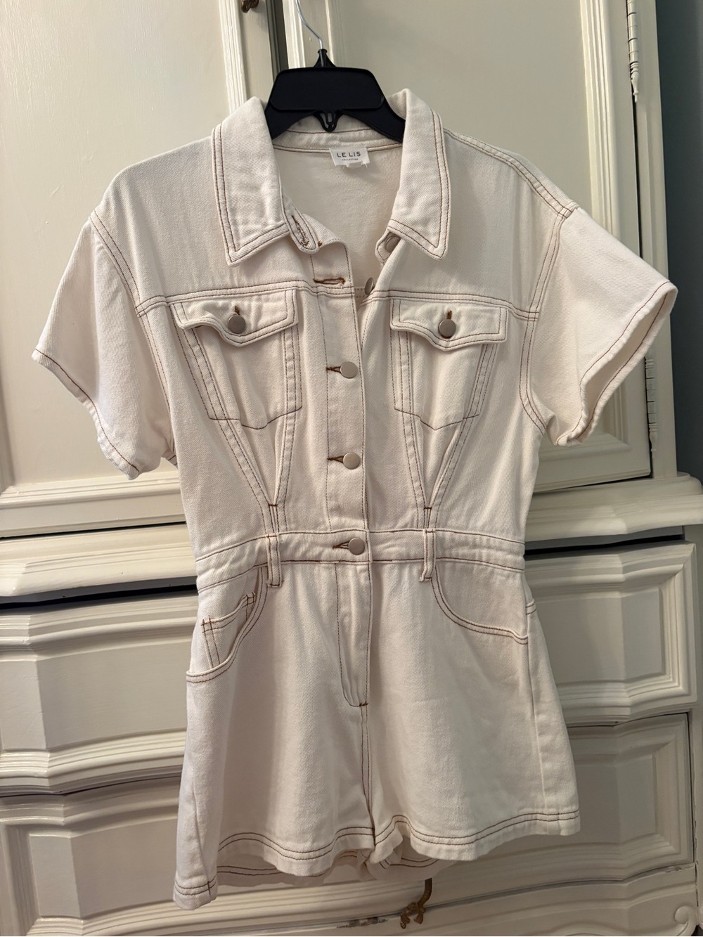 Le Lis Cream Short Sleeve Denim Romper with Chest Pockets